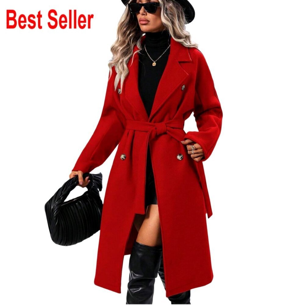 Oversized Wool Blend Pea Coat Double Breasted Notch Lapel Classic Trench